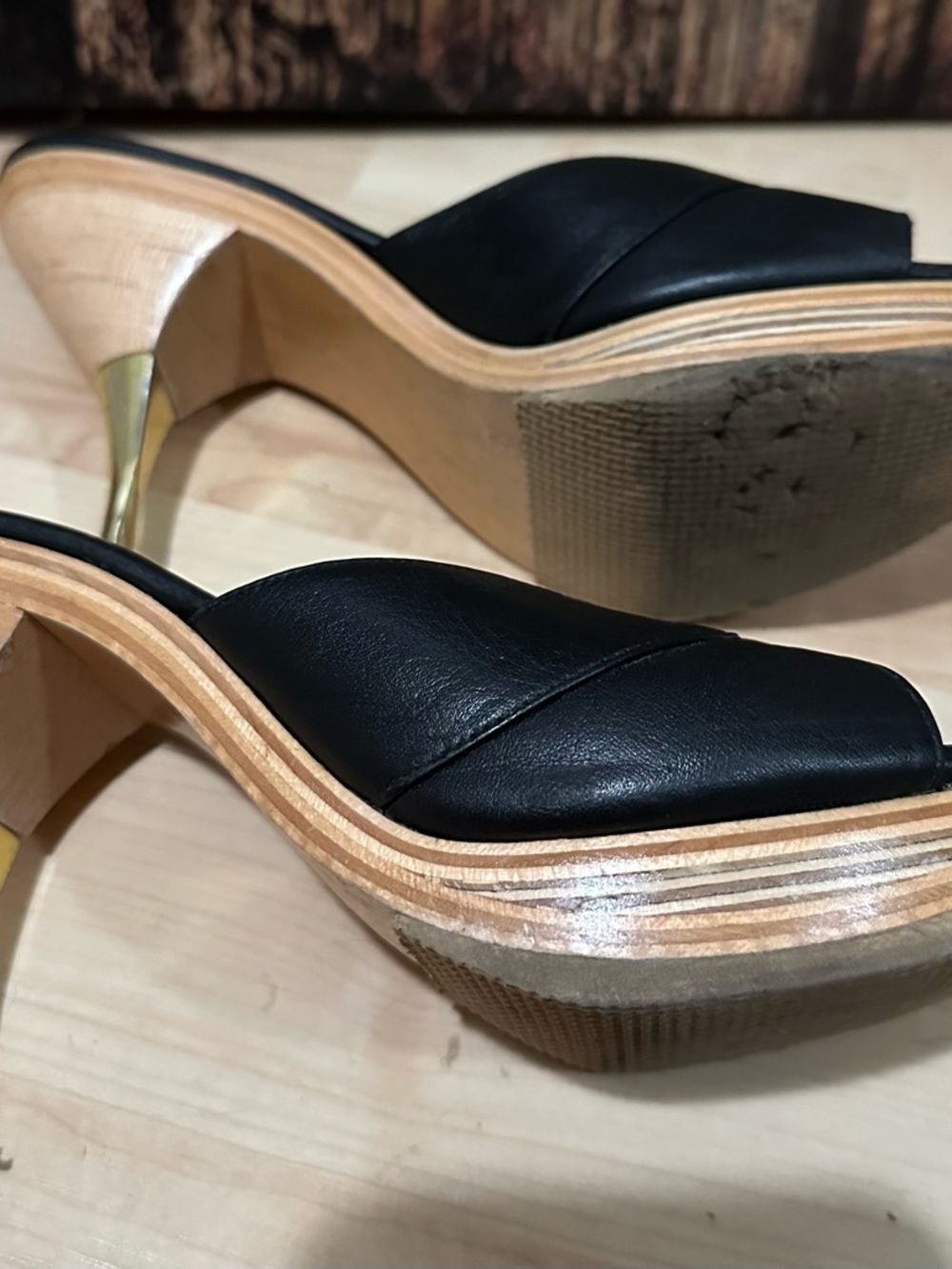 Re-Mix Hollywood Stilettos Black Leather Open-Toe Mule Heels - Picture 4 of 5